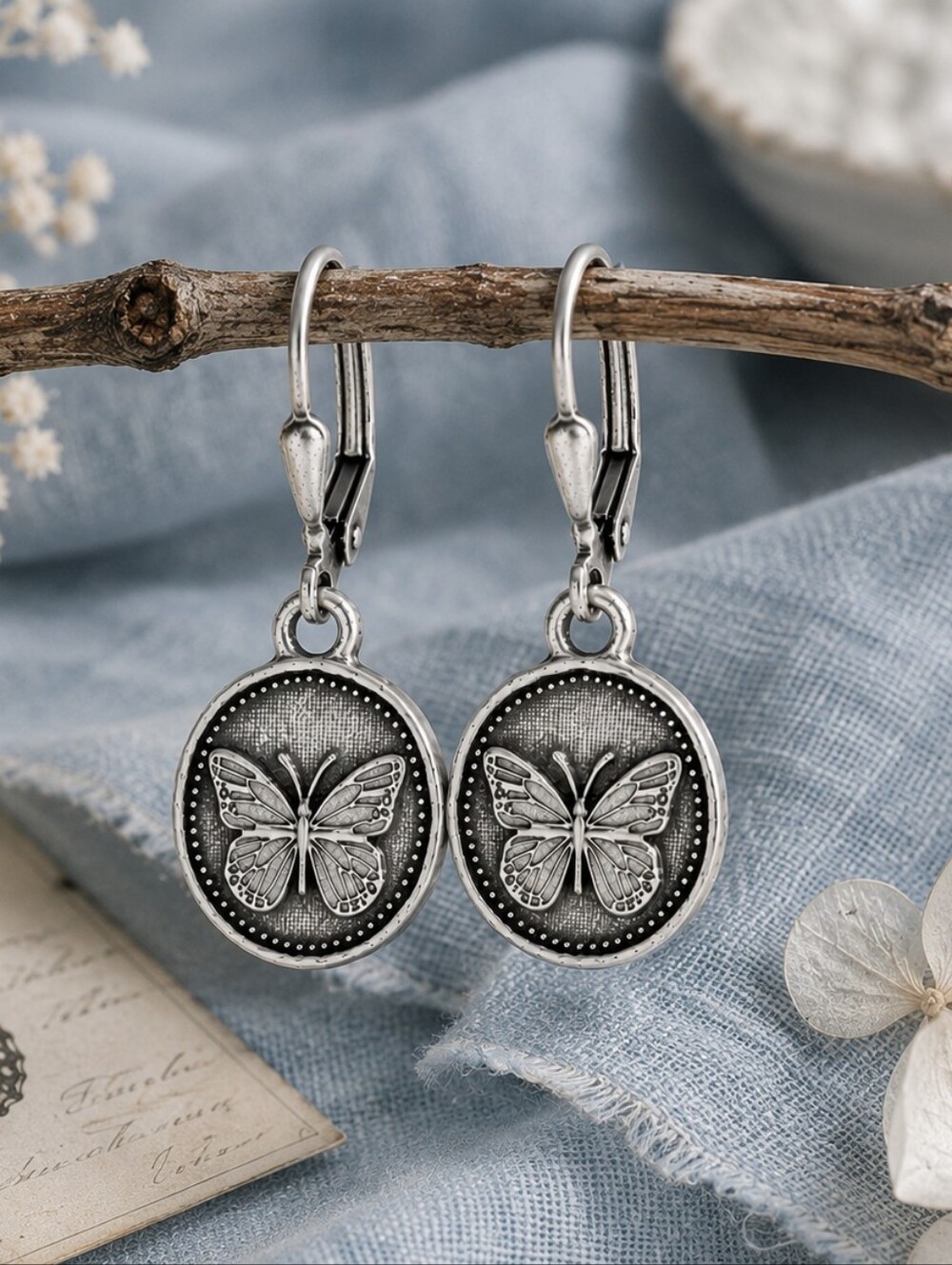 Silver Butterfly Medallion Earrings Vintage  Style Nature Jewelry